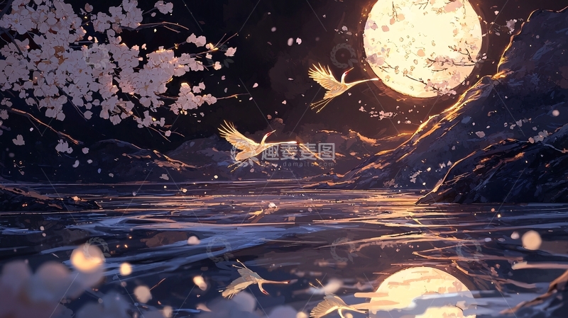 高清大图下载【趣麦麦图】月下飞鹤樱花夜景