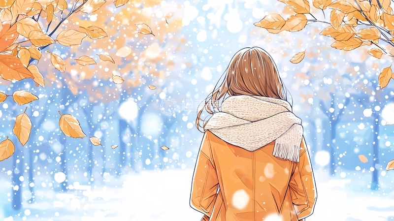 高清大图下载【趣麦麦图】冬日雪景中少女的背影