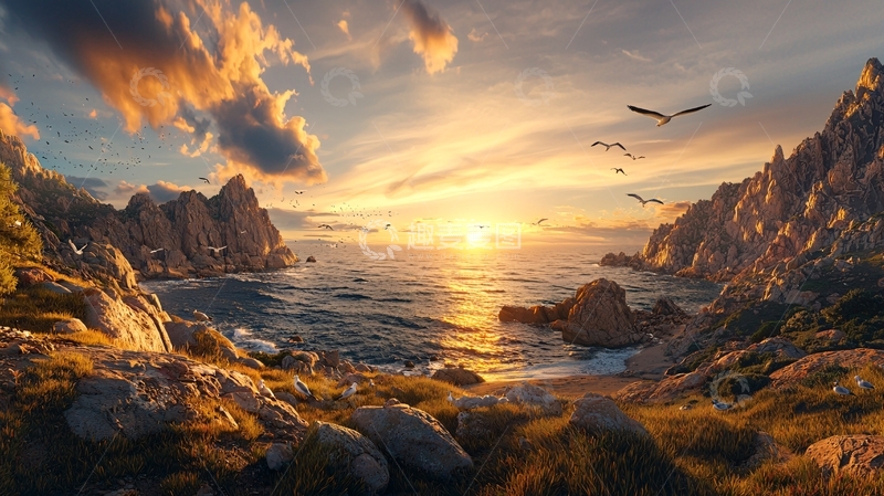 高清大图下载【趣麦麦图】海岸日落山景唯美风