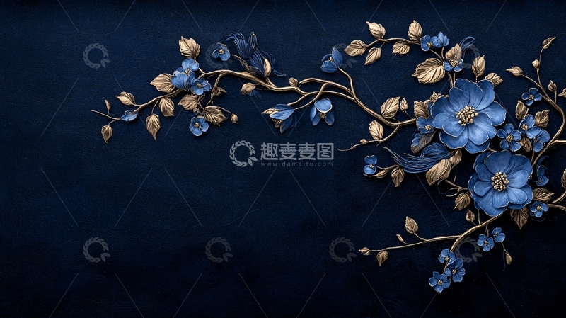 高清大图下载【趣麦麦图】深蓝背景上的金色花卉图案