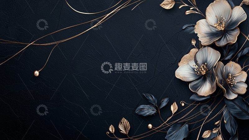 高清大图下载【趣麦麦图】金色花卉黑色背景设计素材