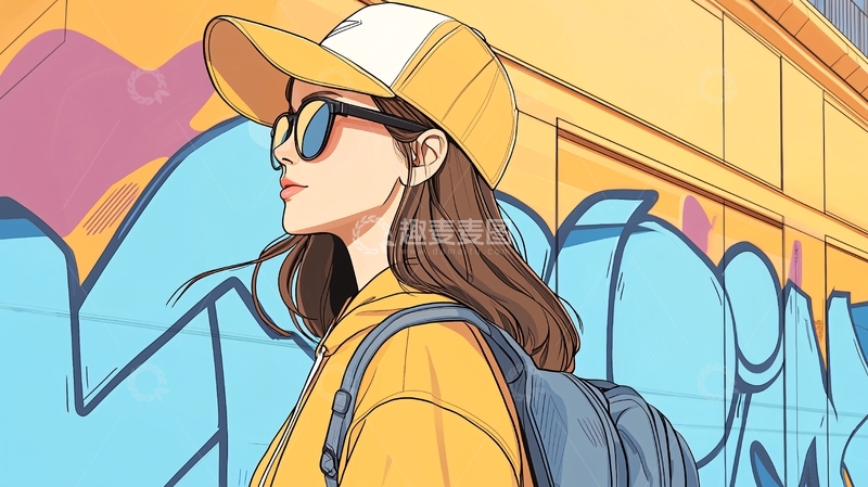 高清大图下载【趣麦麦图】动漫少女涂鸦墙边