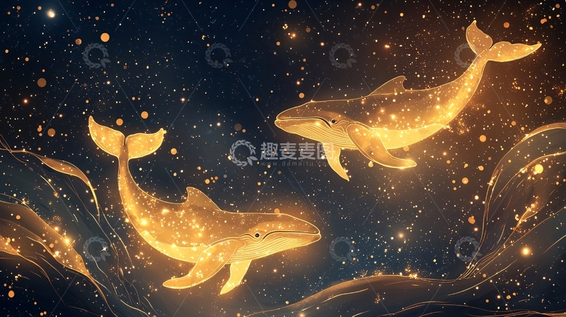高清大图下载【趣麦麦图】金色鲸鱼与星空背景