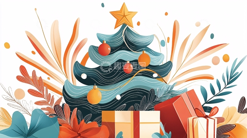 高清大图下载【趣麦麦图】圣诞树和礼物的节日场景
