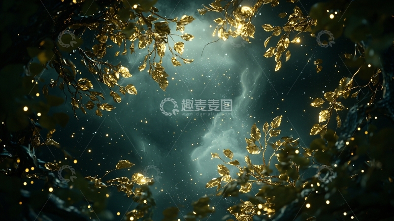 高清大图下载【趣麦麦图】金色树叶与星空背景
