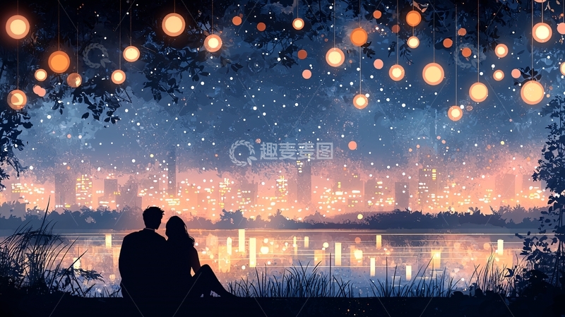 高清大图下载【趣麦麦图】情侣湖边观星灯光夜景