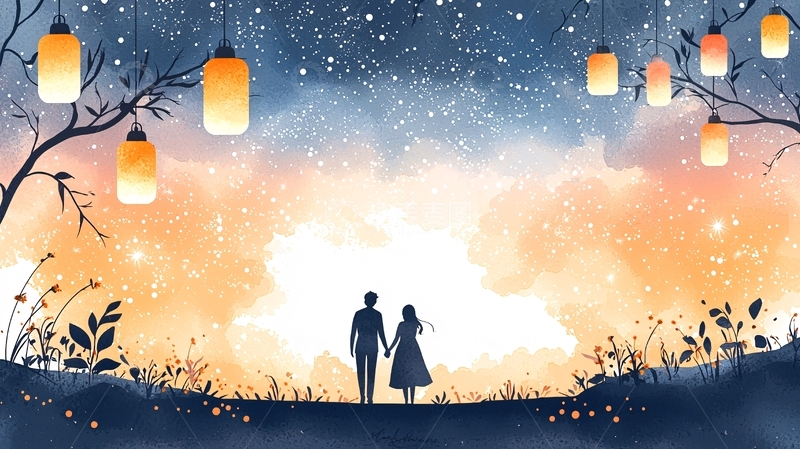 高清大图下载【趣麦麦图】情侣星空下漫步灯笼树