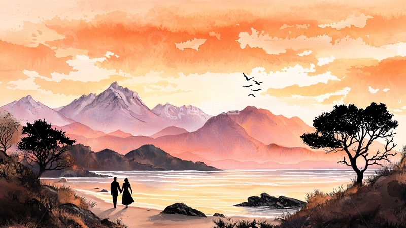 高清大图下载【趣麦麦图】情侣海边漫步