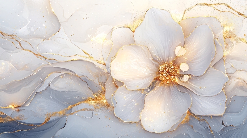 高清大图下载【趣麦麦图】金色线条与花朵抽象艺术背景