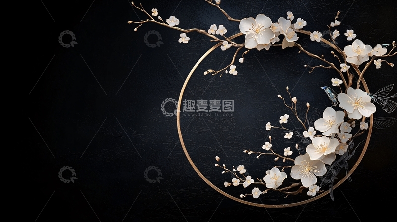 高清大图下载【趣麦麦图】金色圆环与白色花朵的艺术装饰