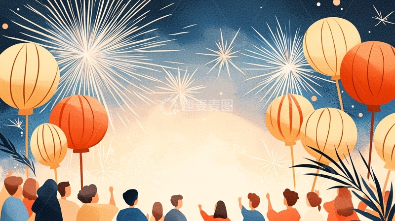 高清大图下载【趣麦麦图】人群仰望灯笼烟花