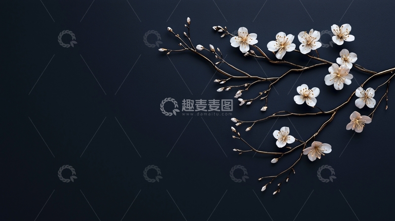 高清大图下载【趣麦麦图】金色树枝与白色花朵的艺术设计