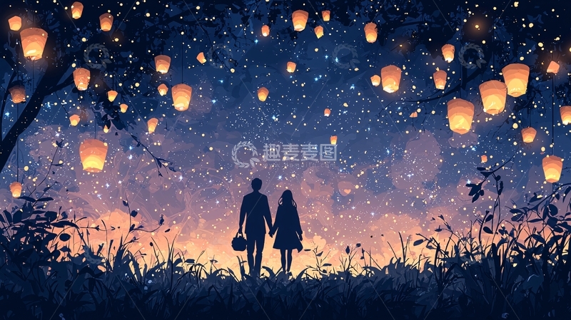 高清大图下载【趣麦麦图】情侣星空下放天灯