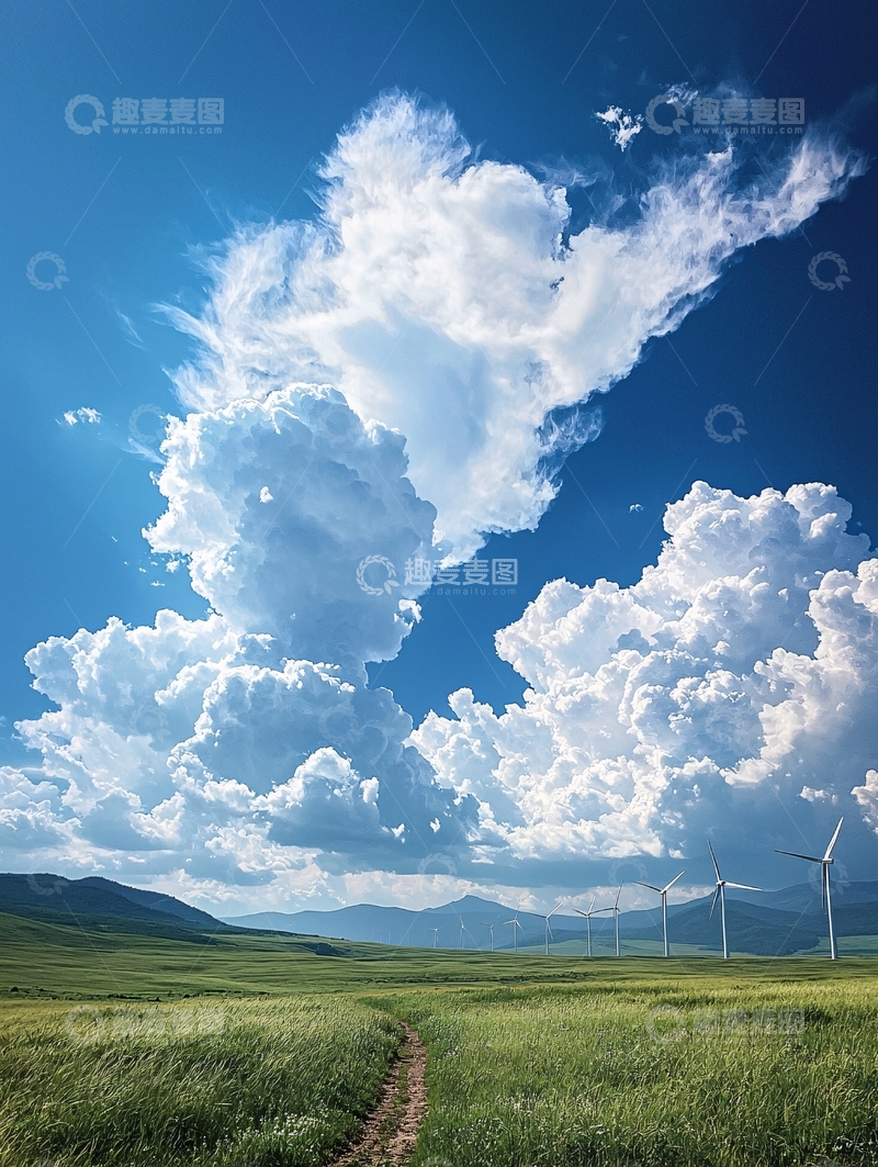 高清大图下载【趣麦麦图】蓝天白云下的风力发电机