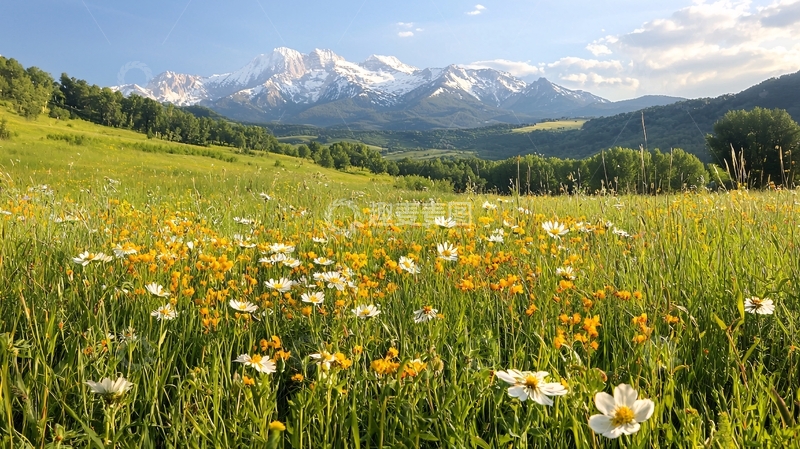 高清大图下载【趣麦麦图】绿意盎然的草地和远山