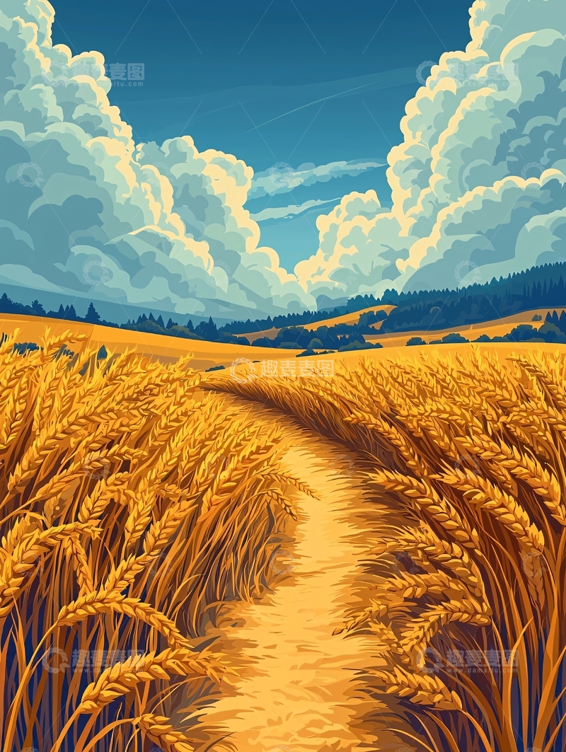高清大图下载【趣麦麦图】金色麦田小路蓝天白云