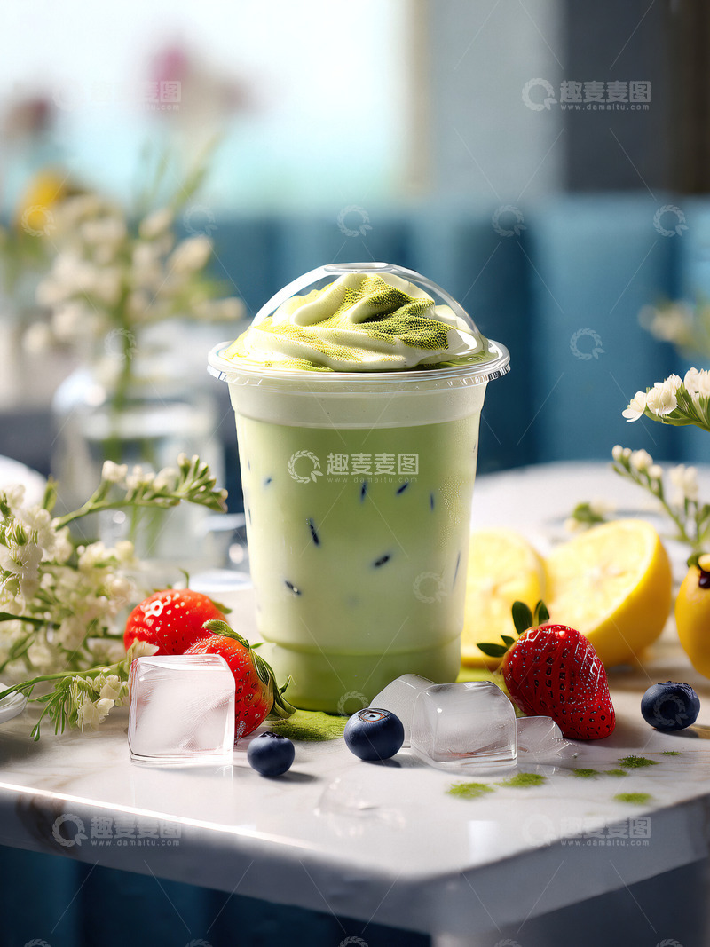 夏日冰爽抹茶冷饮摄影素材