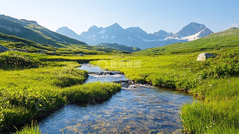 高清大图下载【趣麦麦图】绿草茵茵的溪流山景