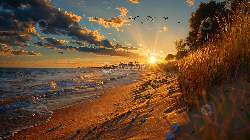 高清大图下载【趣麦麦图】海边日落的金色光辉