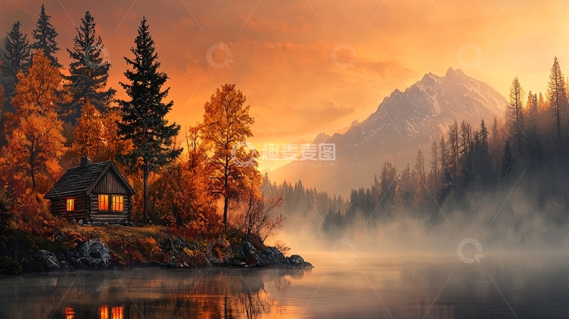 高清大图下载【趣麦麦图】秋季湖畔小屋