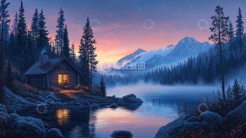 高清大图下载【趣麦麦图】宁静湖畔小屋夜景