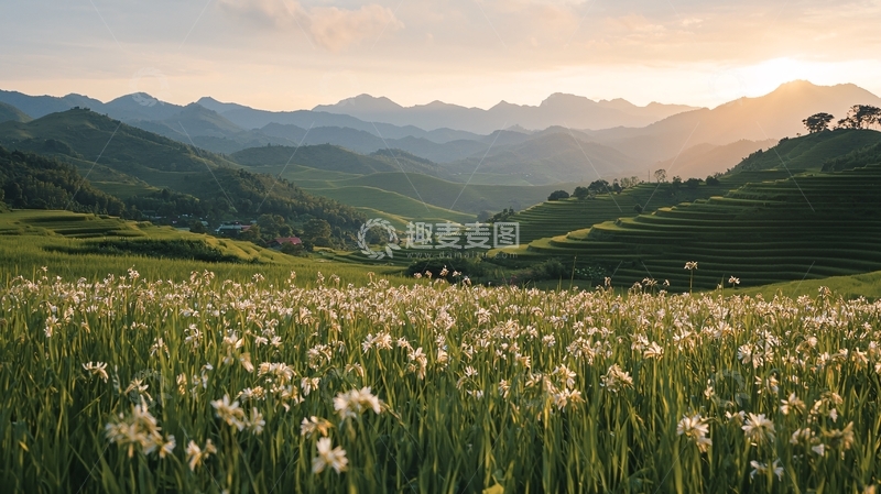 高清大图下载【趣麦麦图】梯田花海日落风景