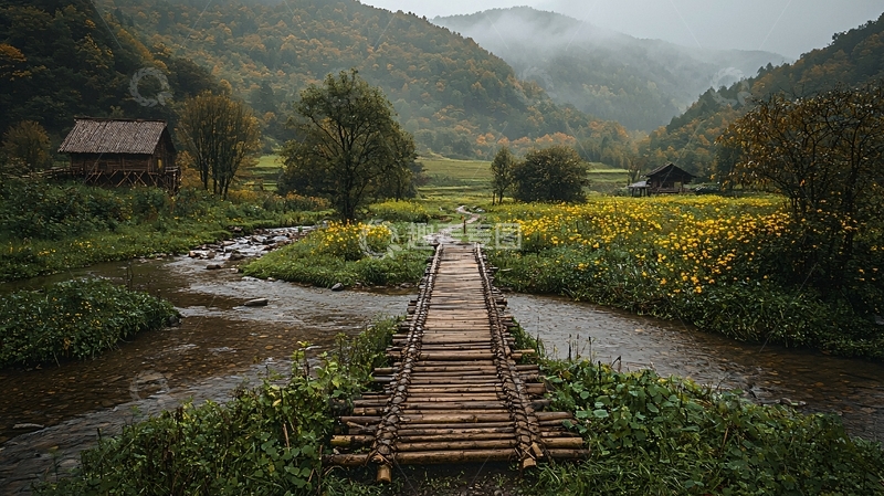 高清大图下载【趣麦麦图】山间小屋旁的木桥风景