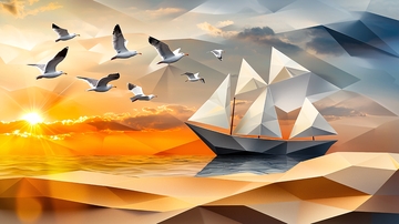 海鸥与帆船剪影