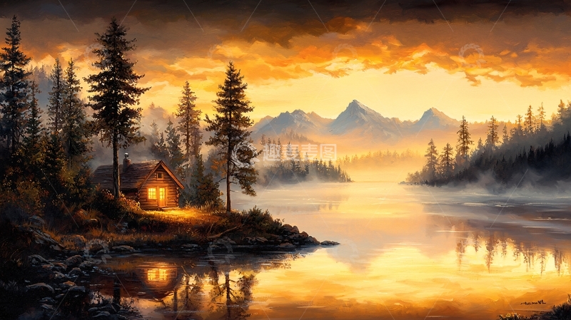 高清大图下载【趣麦麦图】金色湖面小屋的油画
