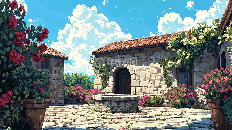 高清大图下载【趣麦麦图】庭院鲜花石头建筑