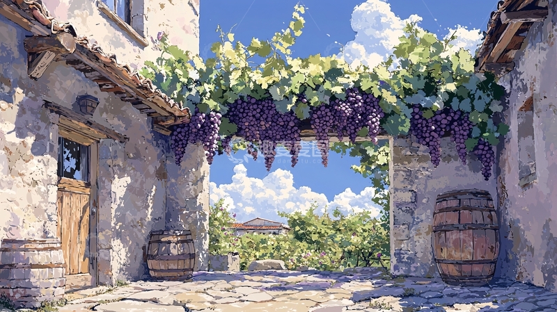 高清大图下载【趣麦麦图】葡萄藤下的石门庭院