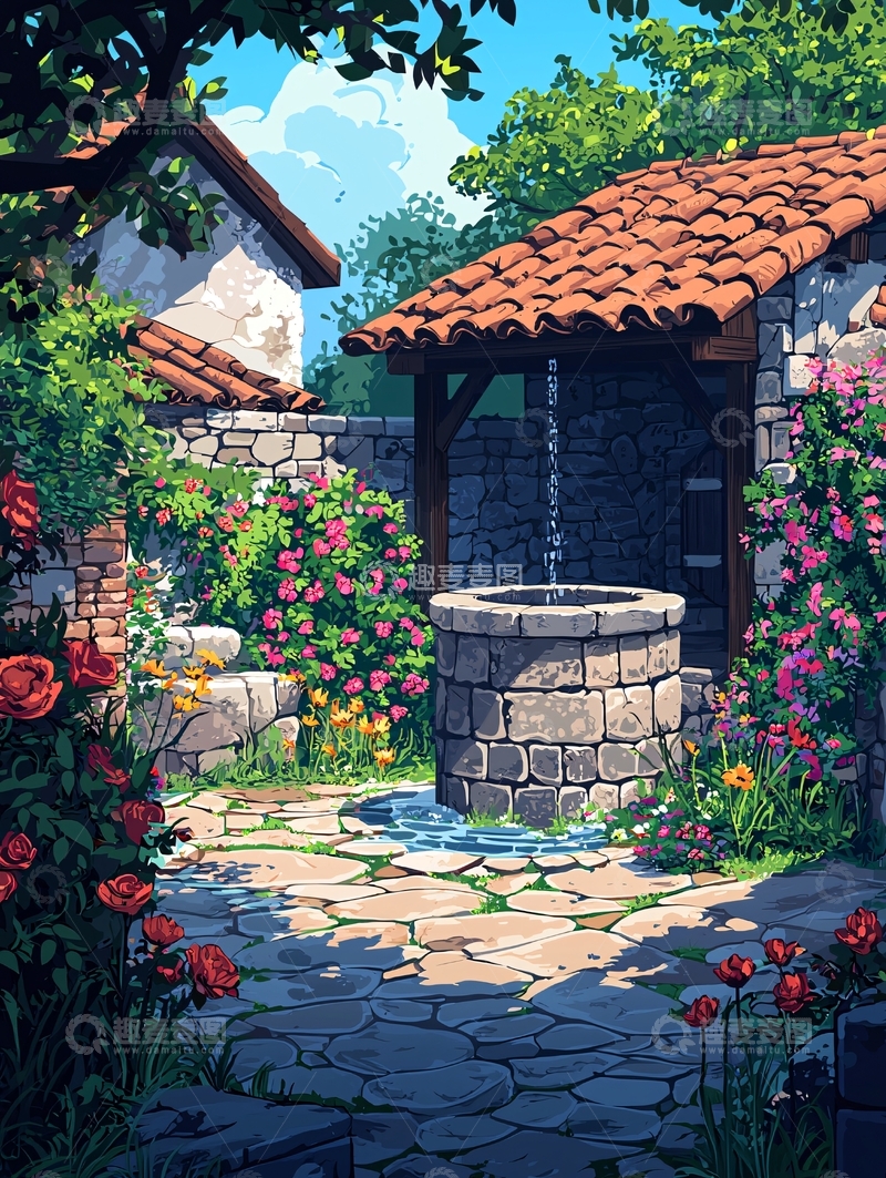 高清大图下载【趣麦麦图】庭院中的古老水井