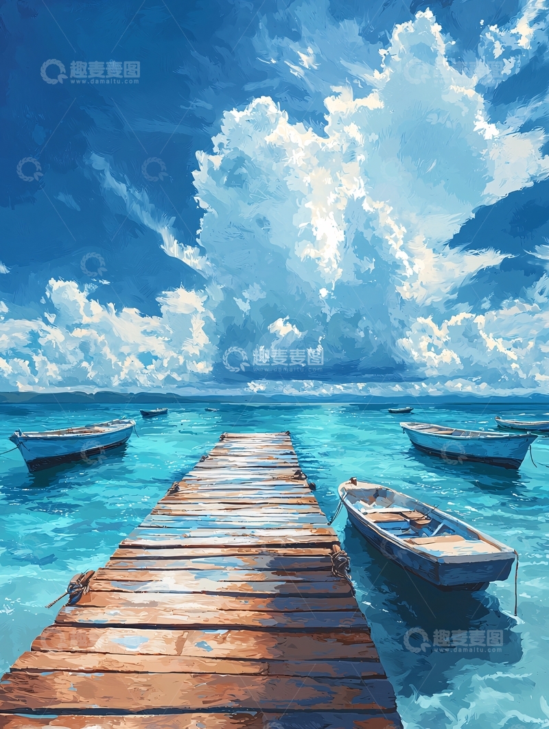 高清大图下载【趣麦麦图】海边木栈道船只蓝天白云