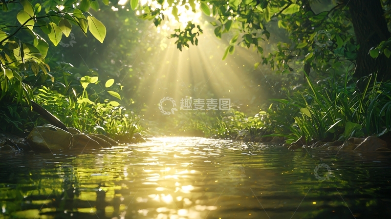 高清大图下载【趣麦麦图】阳光透过树叶照在小溪上
