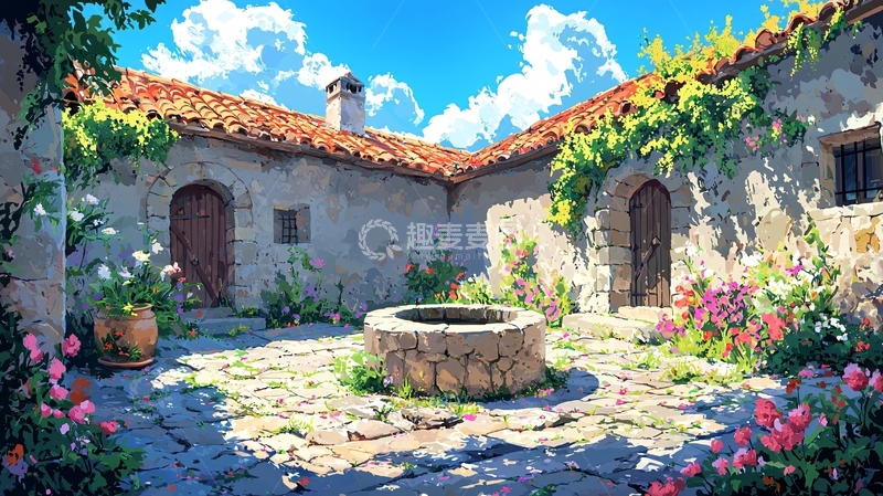 高清大图下载【趣麦麦图】庭院阳光洒落在石头建筑上