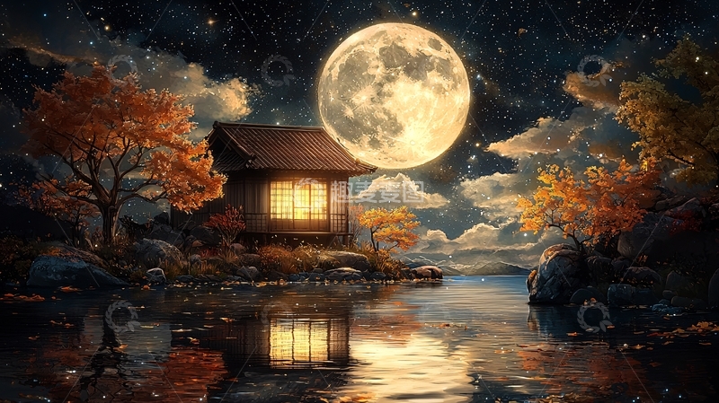 高清大图下载【趣麦麦图】月夜下的湖边小屋