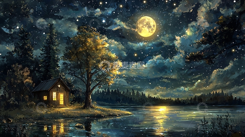 高清大图下载【趣麦麦图】月夜湖边小屋