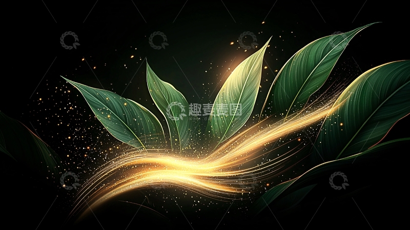 高清大图下载【趣麦麦图】绿色植物与金色光芒的艺术插画