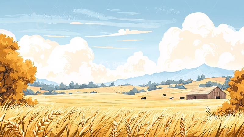 高清大图下载【趣麦麦图】丰收的田野和远山