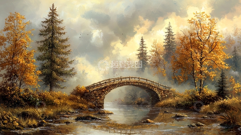 高清大图下载【趣麦麦图】秋日小桥流水人家