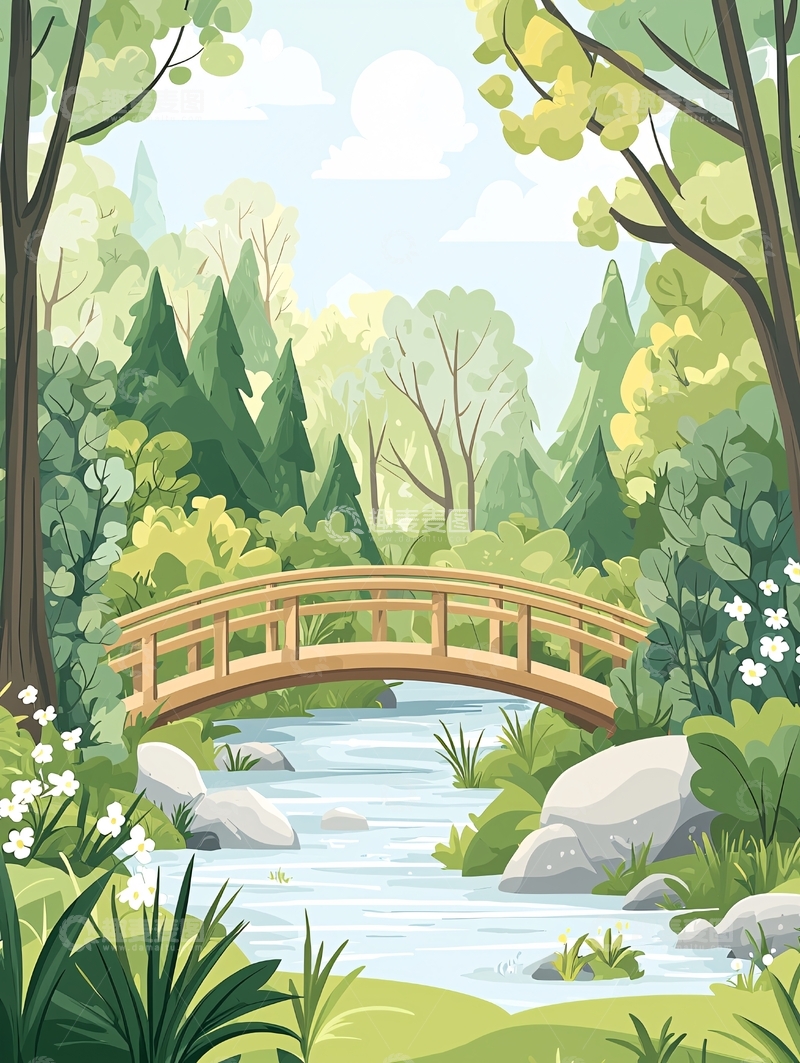 高清大图下载【趣麦麦图】绿意盎然的森林小桥