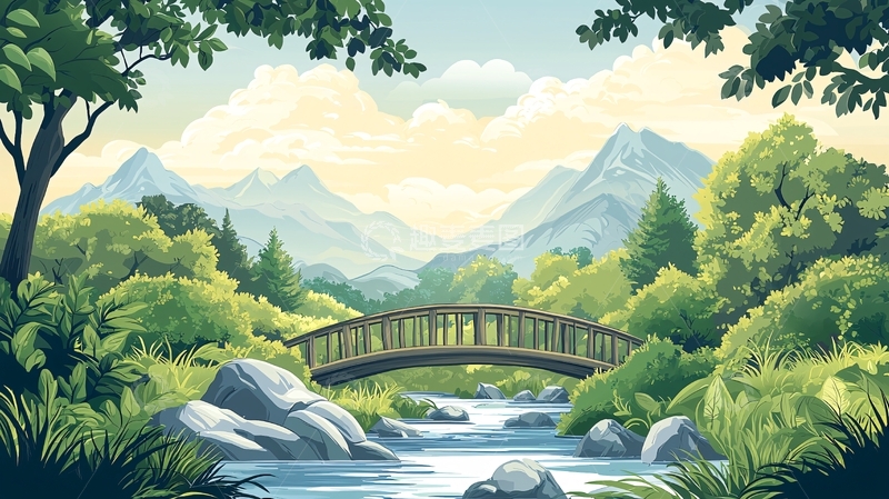 高清大图下载【趣麦麦图】绿色山水间的木桥