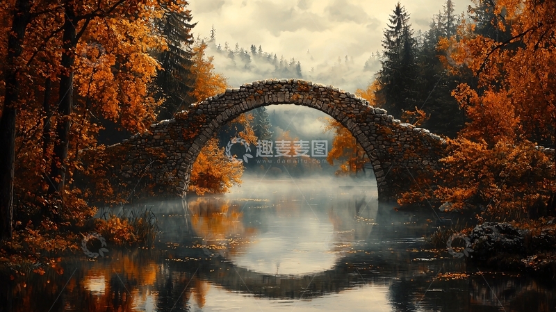 高清大图下载【趣麦麦图】秋日湖面石桥倒影