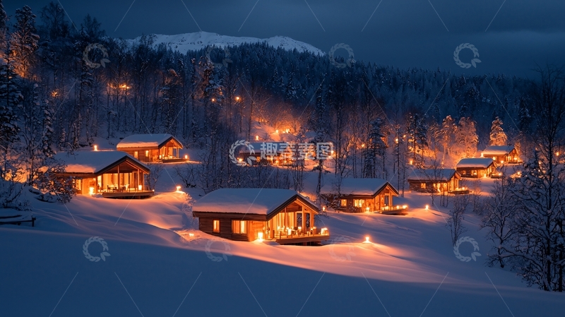高清大图下载【趣麦麦图】冬夜雪景中的小木屋群