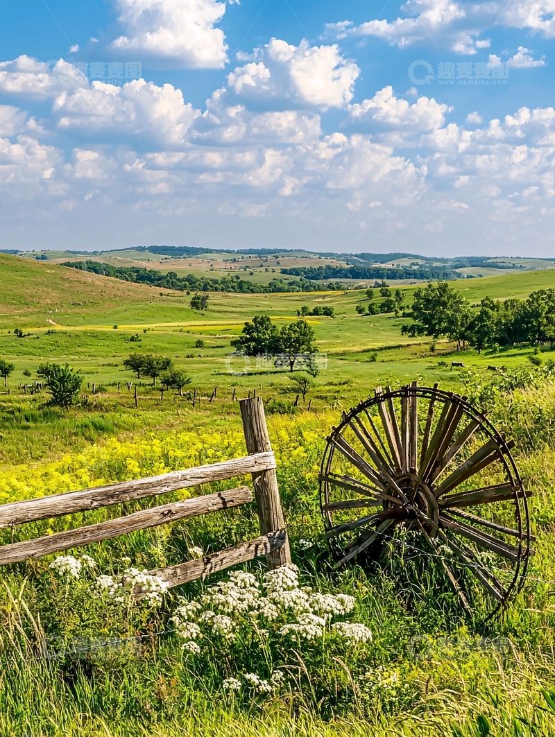 高清大图下载【趣麦麦图】田园风光木栅栏草地蓝天白云