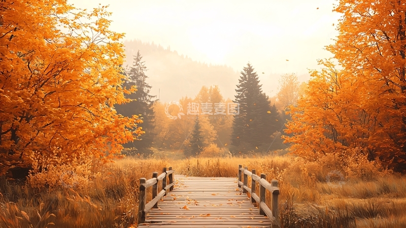 高清大图下载【趣麦麦图】秋日金色森林中的木桥