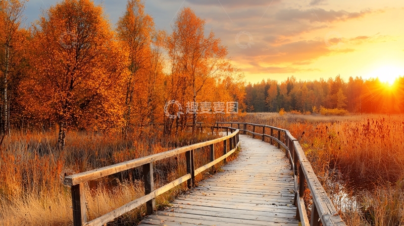 高清大图下载【趣麦麦图】秋日金色木栈道风景