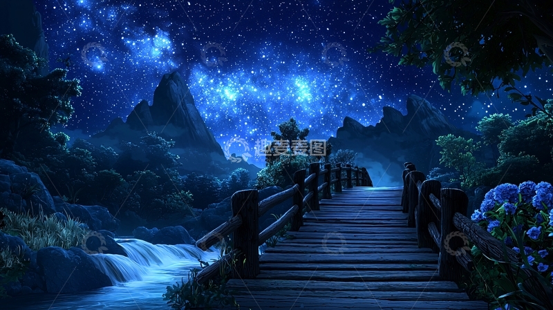 高清大图下载【趣麦麦图】梦幻星空下的桥梁
