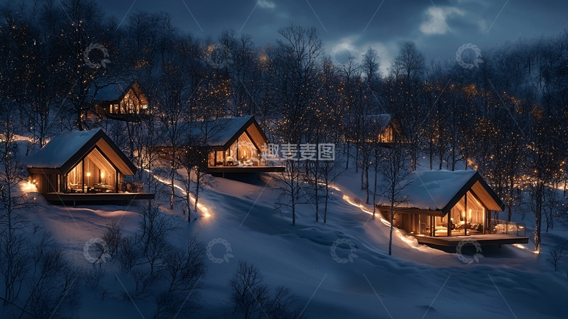 高清大图下载【趣麦麦图】冬夜雪景中的温馨小屋