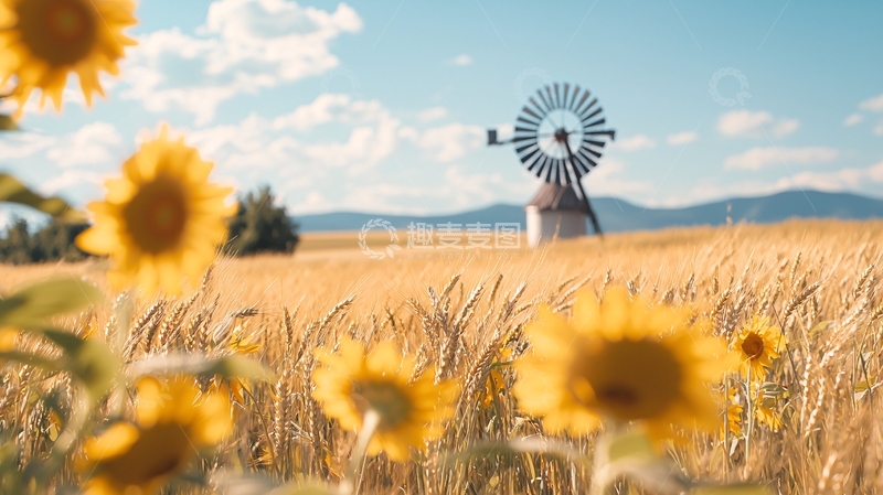 高清大图下载【趣麦麦图】金黄麦田中的风车小屋